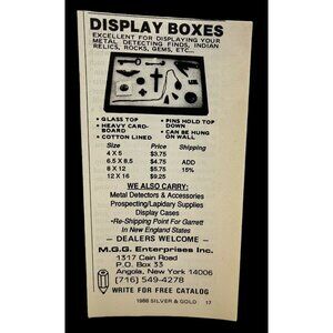 M.G.G. Enterprises Mini Print Ad Vintage 80s Metal Detecting Display Boxes Angol